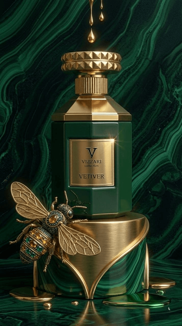 Green Vizzari Vetiver fragrance bottle in an emerald setting