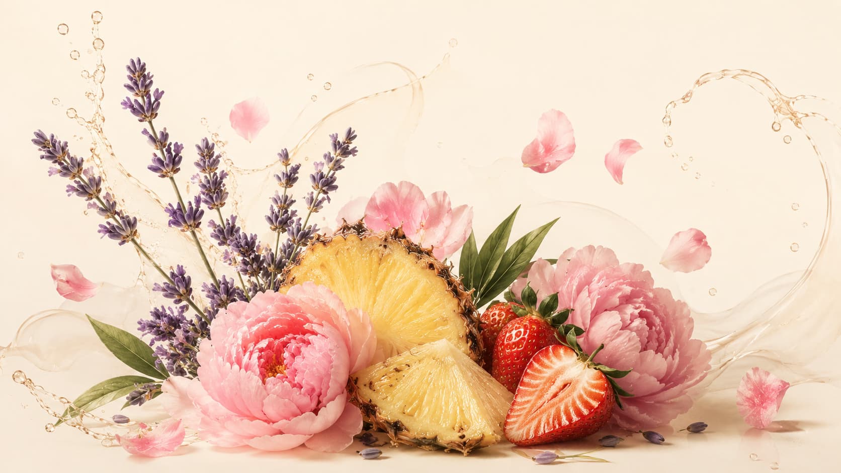 Lavender flowers, bright fruit and pink blossoms in a luminous composition